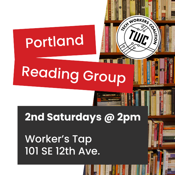 Marketing image for Portland, Oregon USA reading group with an image of shelves of books